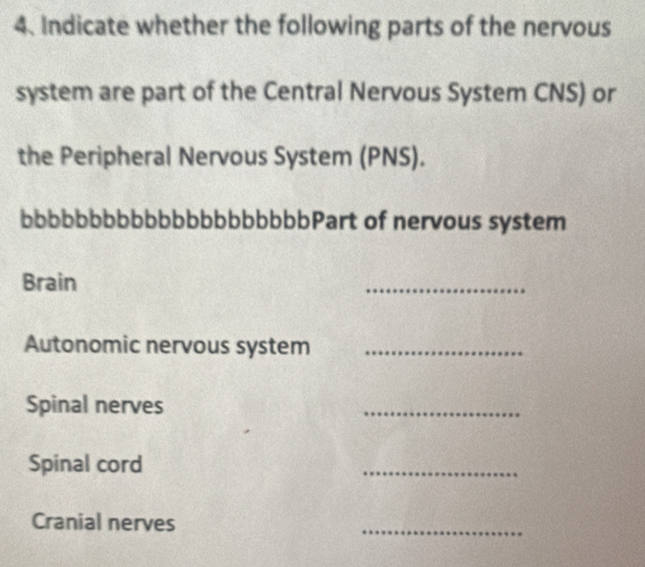 Indicate whether the following parts of the nervous 
system are part of the Central Nervous System CNS) or 
the Peripheral Nervous System (PNS). 
bbbbbbbbbbbbbbbbbbbbbPart of nervous system 
Brain 
_ 
Autonomic nervous system_ 
Spinal nerves 
_ 
Spinal cord 
_ 
Cranial nerves 
_