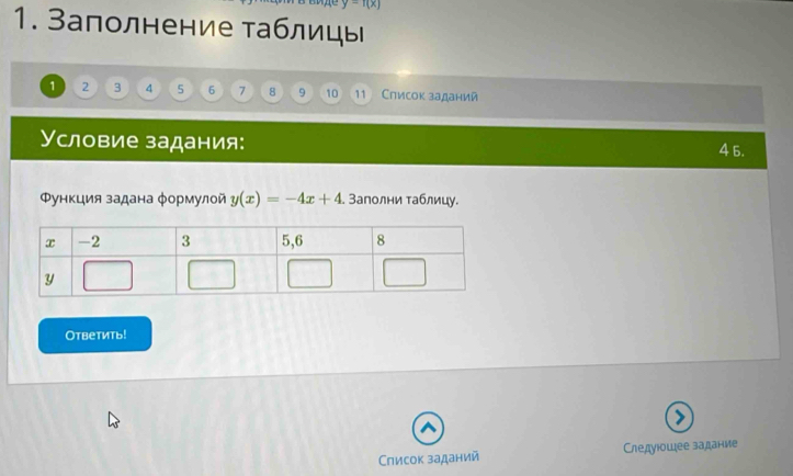 Заполнение таблицы
1 2 3 4 5 6 7 8 9 10 11 Слисок заданий 
Условие задания: 4 6. 
Φункция задана φормулой y(x)=-4x+4. Заполни τаблицу. 
Otbетить! 
Список заданий Следуюошее задание