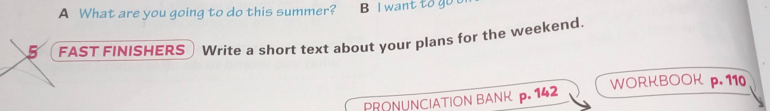 A What are you going to do this summer? I want to go 
5 FAST FINISHERS Write a short text about your plans for the weekend. 
WORKBOOK p. 110
PRONUNCIATION BANK p. 142