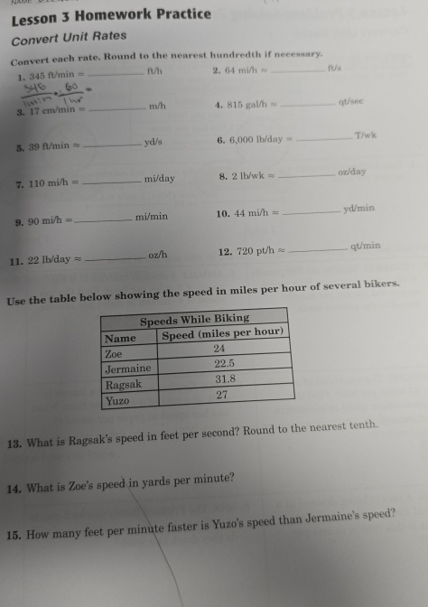 Lesson 3 Homework Practice 
Convert Unit Rates 
Convert each rate, Round to the nearest hundredth if necessary. 
1, 345 ft/min = _ ft/h 2. 64mi/h= _ ft/s
3, 17 cm/min = _ m/h 4. 815gal/happrox _ qt/sec
5. 39ft/minapprox _ yd/s 6. 6,000 lb/day = _ T/wk
7. 110mi/h= _ mi/day 8. 2lb/wk= _ oz/day
9. 90mi/h= _  mi/min 10. 44mi/h= _ yd/min
11. 22lb/dayapprox _ oz/h 12. 720 Uhapprox _ qt/min
Use the table below showing the speed in miles per hour of several bikers. 
13. What is Ragsak's speed in feet per second? Round to the nearest tenth. 
14. What is Zoe's speed in yards per minute? 
15. How many feet per minute faster is Yuzo's speed than Jermaine's speed?