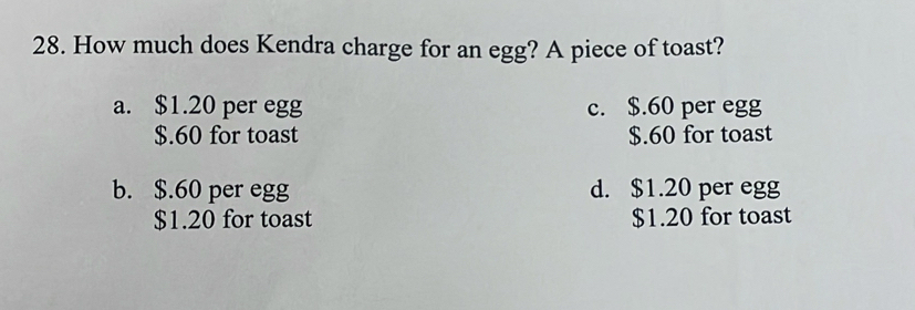 How much does Kendra charge for an egg? A piece of toast?
a. $1.20 per egg c. $.60 per egg
$.60 for toast $.60 for toast
b. $.60 per egg d. $1.20 per egg
$1.20 for toast $1.20 for toast