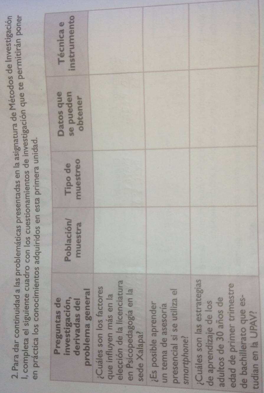 Para dar continuidad a las problemáticas presentadas en la asignatura de Métodos de Investigación 
l, completa el siguiente cuadro con los cuestionamientos de investigación que te permitirán poner 
en práctica los conocimientos adquiridos en esta primera unidad. 
¿ 
p 
s 
¿ 
d 
a 
e 
d 
tudian en la UPAV?