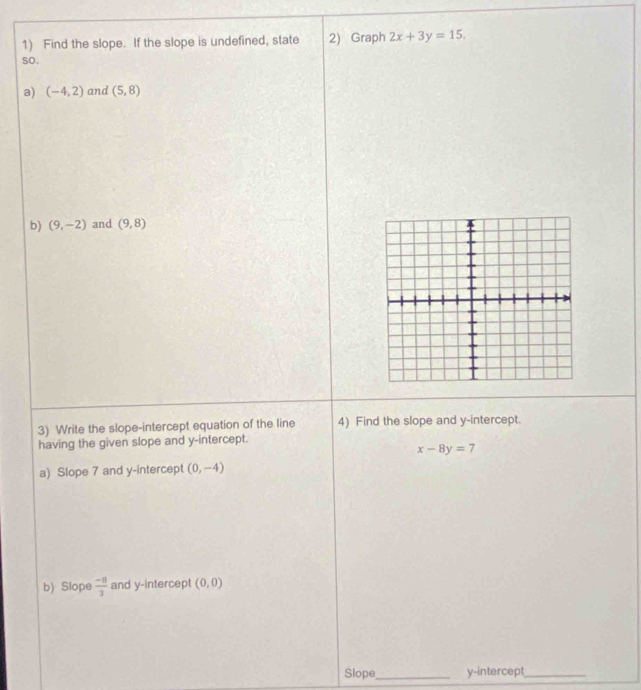 Find the slope. If the slope is undefined, state 2) Graph 2x+3y=15. 
so. 
a) (-4,2) and (5,8)
b) (9,-2) and (9,8)
3) Write the slope-intercept equation of the line 4) Find the slope and y-intercept. 
having the given slope and y-intercept.
x-8y=7
a) Slope 7 and y-intercept (0,-4)
b) Slope  (-8)/3  and y-intercept (0,0)
Slope_ y-intercept_