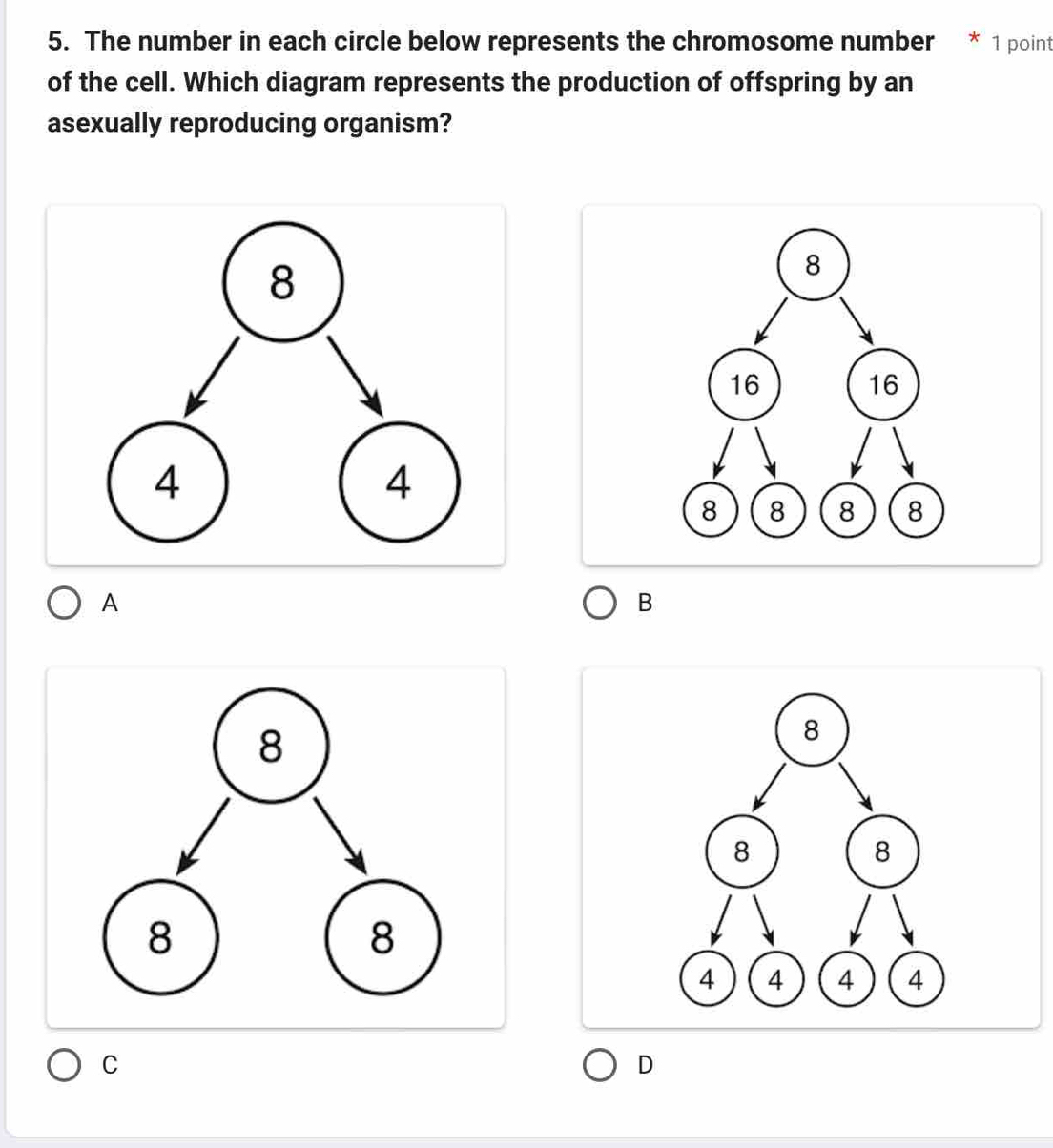 The number in each circle below represents the chromosome number * 1 point 
of the cell. Which diagram represents the production of offspring by an 
asexually reproducing organism? 
A 
B 
C 
D