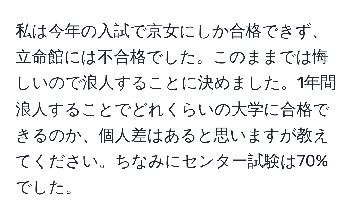 私は今年の入試で京女にしか合格できず、立命館には不合格でした。このままでは悔しいので浪人することに決めました。1年間浪人することでどれくらいの大学に合格できるのか、個人差はあると思いますが教えてください。ちなみにセンター試験は70%でした。