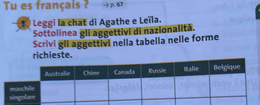 Tu es français ? p. 67
Leggi la chat di Agathe e Leïla. 
Sottolinea gli aggettivi di nazionalità. 
Scrivi gli aggettivi nella tabella nelle forme 
richieste.