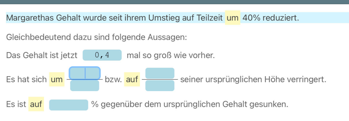 Margarethas Gehalt wurde seit ihrem Umstieg auf Teilzeit um 40% reduziert. 
Gleichbedeutend dazu sind folgende Aussagen: 
Das Gehalt ist jetzt 0, 4 mal so groß wie vorher. 
Es hat sich um  □ /□   bzw. auf  □ /□   seiner ursprünglichen Höhe verringert. 
Es ist auf % gegenüber dem ursprünglichen Gehalt gesunken.