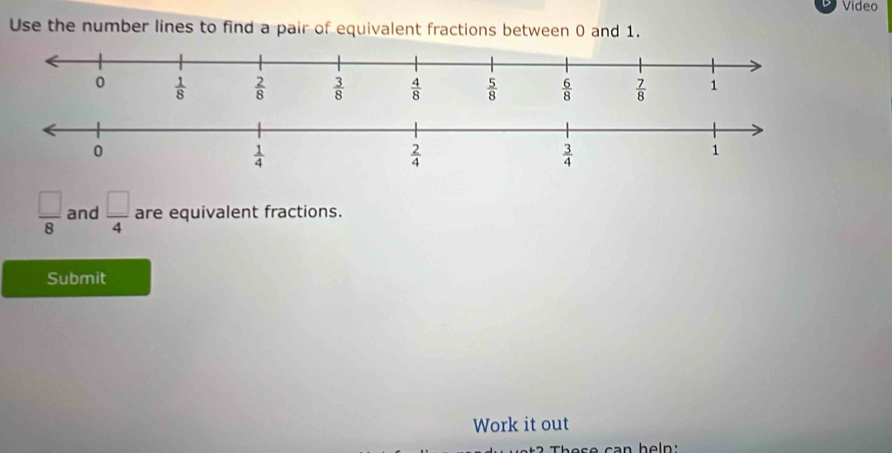 Video
Use the number lines to find a pair of equivalent fractions between 0 and 1.
 □ /8  and  □ /4  are equivalent fractions.
Submit
Work it out