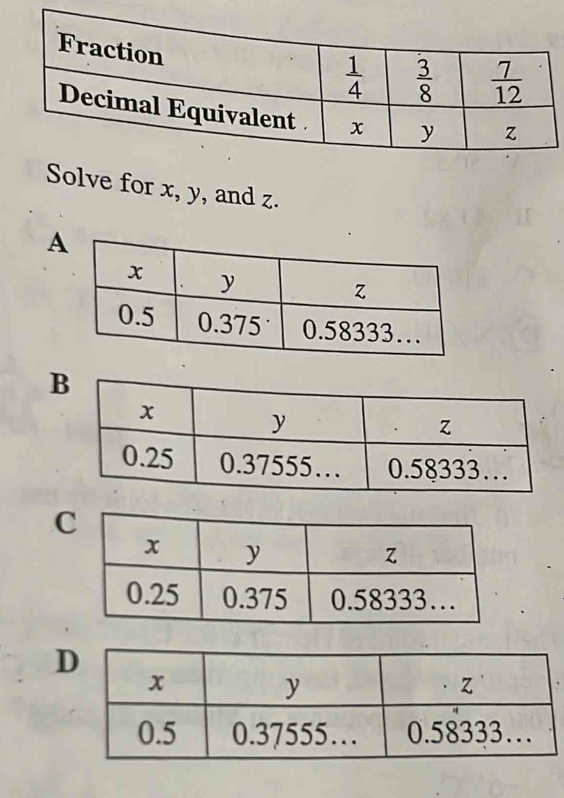 Solve for x, y, and z.
A
C