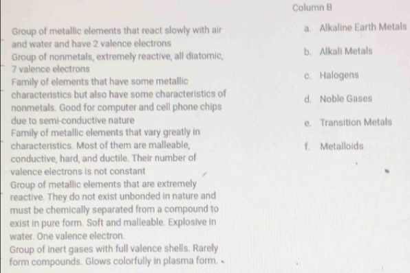 Column B
Group of metallic elements that react slowly with air a. Alkaline Earth Metals
and water and have 2 valence electrons
Group of nonmetals, extremely reactive, all diatomic, b. Alkali Metals
7 valence electrons
Family of elements that have some metallic c. Halogens
characteristics but also have some characteristics of d. Noble Gases
nonmetals. Good for computer and cell phone chips
due to semi-conductive nature
Family of metallic elements that vary greatly in e. Transition Metals
characteristics. Most of them are malleable, f. Metalloids
conductive, hard, and ductile. Their number of
valence electrons is not constant
Group of metallic elements that are extremely
reactive. They do not exist unbonded in nature and
must be chemically separated from a compound to
exist in pure form. Soft and malleable. Explosive in
water. One valence electron.
Group of inert gases with full valence shells. Rarely
form compounds. Glows colorfully in plasma form, <