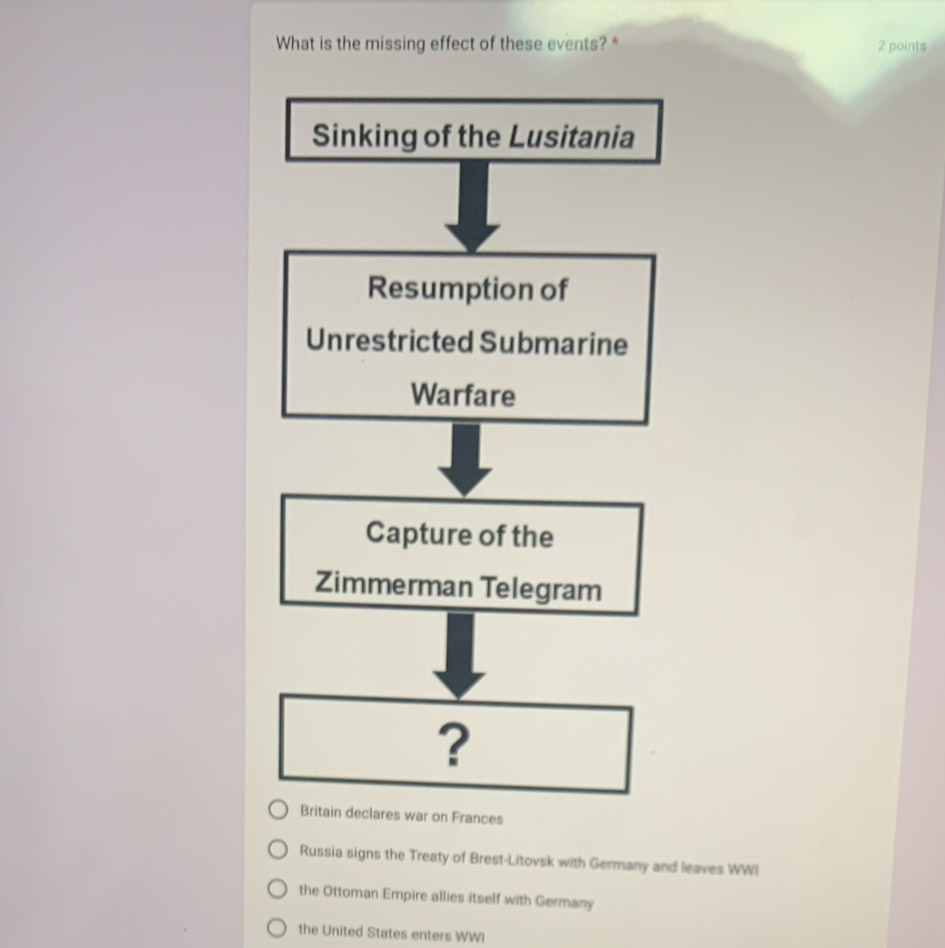 What is the missing effect of these events? * 2 points
Sinking of the Lusitania
Resumption of
Unrestricted Submarine
Warfare
Capture of the
Zimmerman Telegram
?
Britain declares war on Frances
Russia signs the Treaty of Brest-Litovsk with Germany and leaves WWI
the Ottoman Empire allies itself with Germany
the United States enters WWI