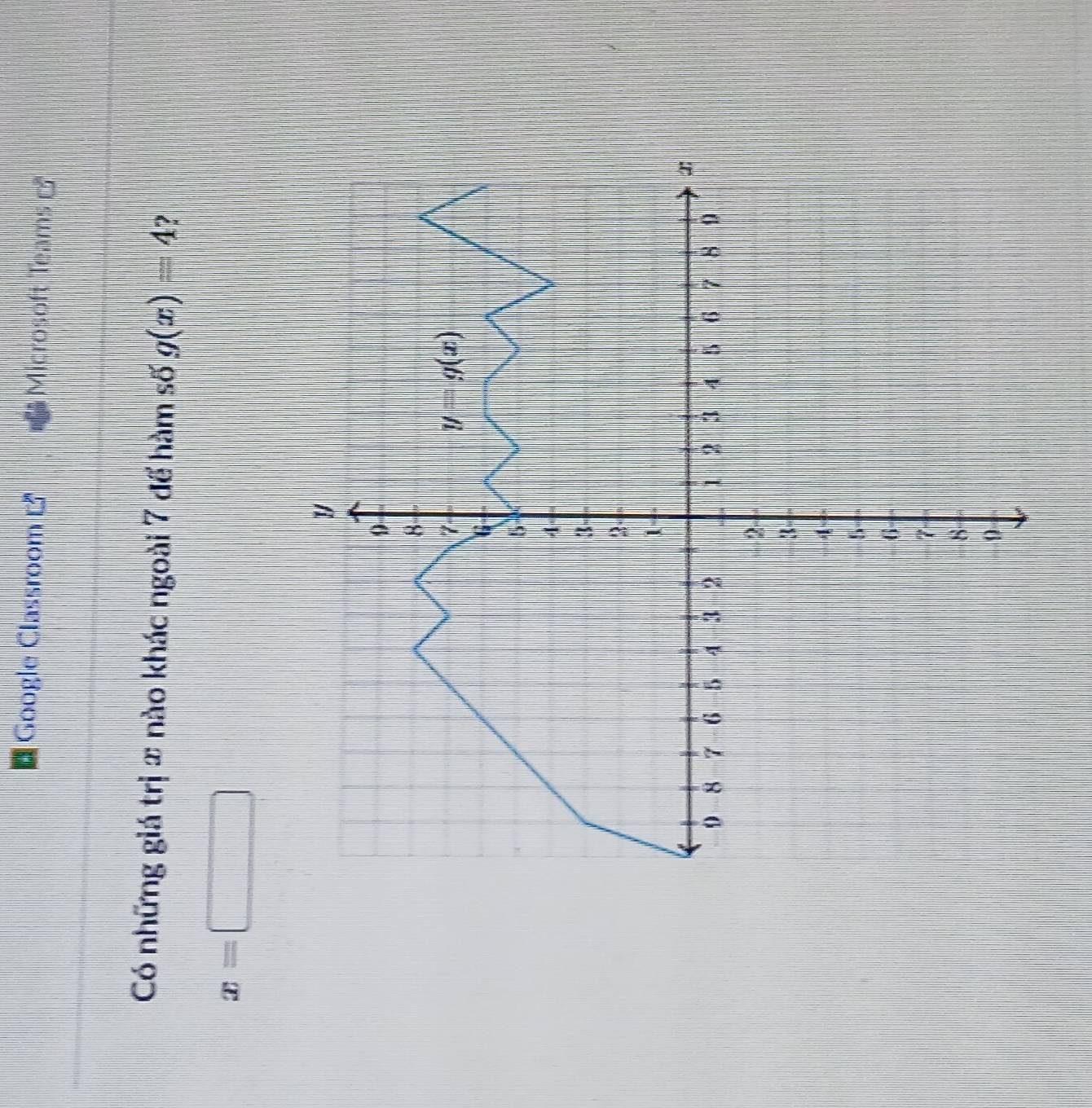 Google Classroom Microsoft Teams ]
Có những giá trị x nào khác ngoài 7 để hàm số g(x)=4 ?
x=□