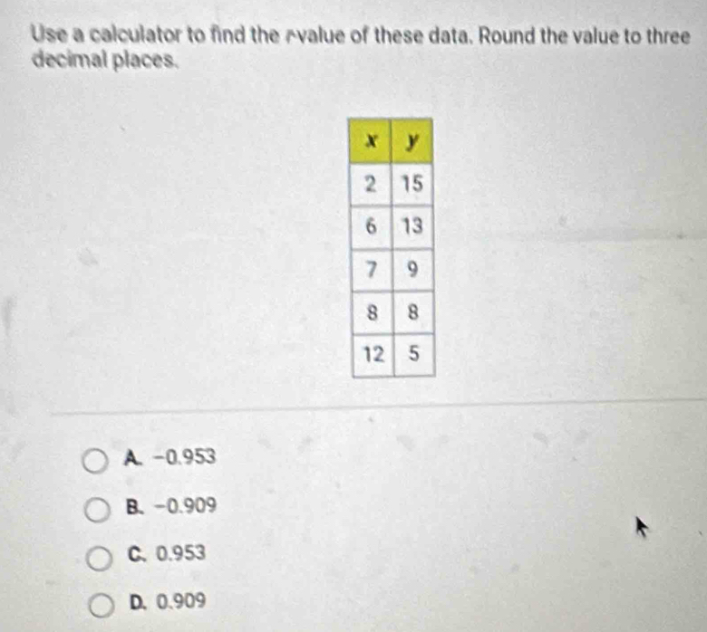 Use a calculator to find the Avalue of these data. Round the value to three
decimal places.
A. -0.953
B. -0.909
C. 0.953
D. 0.909