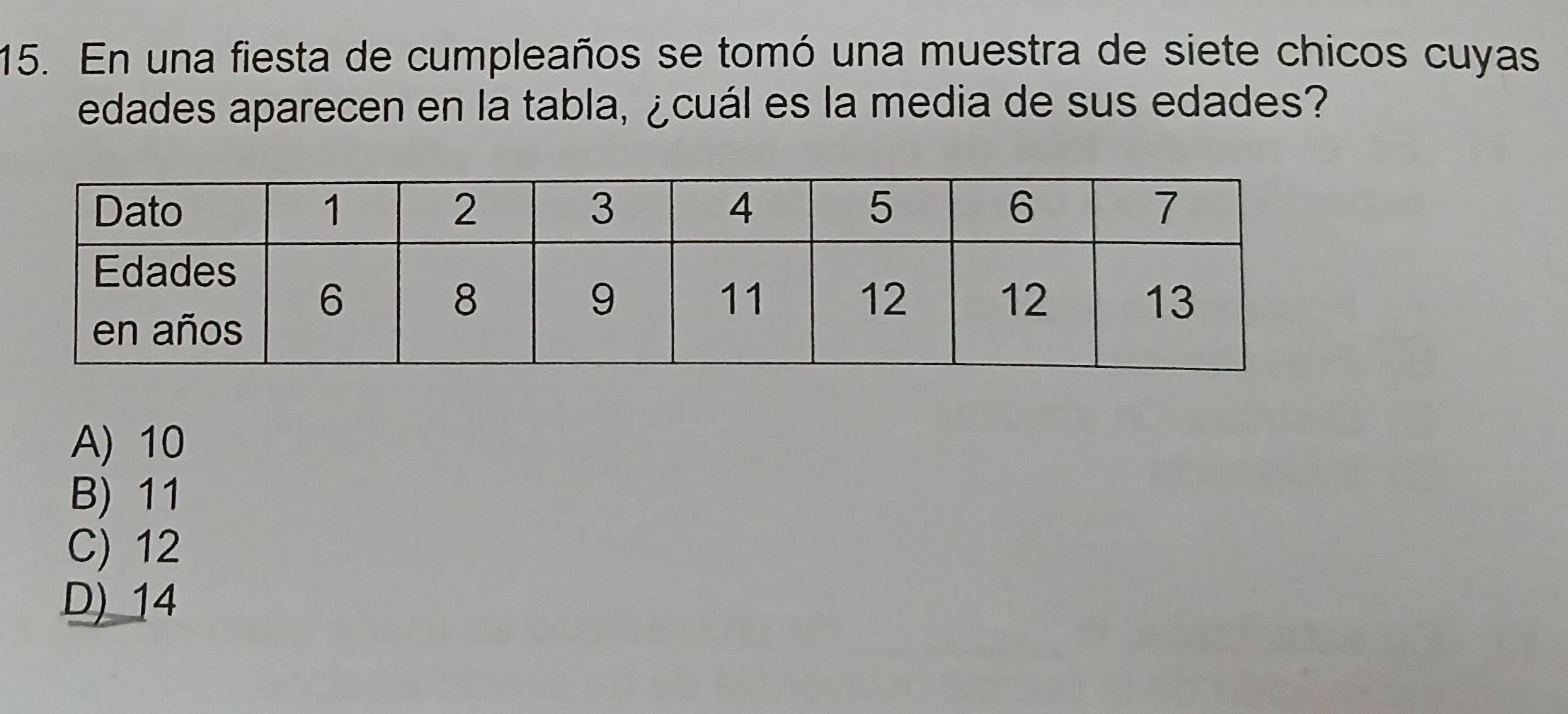 En una fiesta de cumpleaños se tomó una muestra de siete chicos cuyas
edades aparecen en la tabla, ¿cuál es la media de sus edades?
A) 10
B) 11
C) 12
D) 14