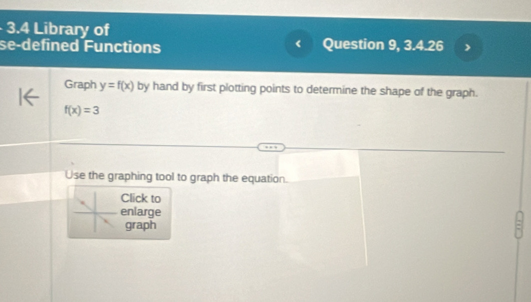 3.4 Library of 
se-defined Functions Question 9, 3.4.26 
Graph y=f(x) by hand by first plotting points to determine the shape of the graph.
f(x)=3
Use the graphing tool to graph the equation. 
Click to 
enlarge 
graph