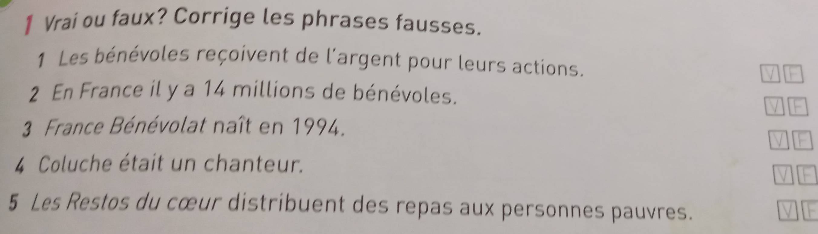 Vrai ou faux? Corrige les phrases fausses. 
1 Les bénévoles reçoivent de l'argent pour leurs actions. 
2 En France il y a 14 millions de bénévoles. 
3 France Bénévolat naît en 1994. 
4 Coluche était un chanteur. 
5 Les Restos du cœur distribuent des repas aux personnes pauvres.