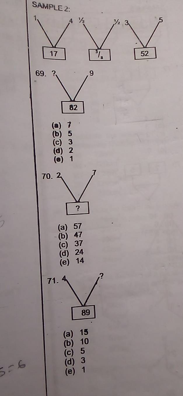 SAMPLE 2:
69. ? 9
82
(a) 7
(b) 5
(c) 3
(d) 2
(e) 1
70
(a) 57
(b) 47
(c) 37
(d) 24
(e) 14
71
(a) 15
(b) 10
(c) 5
(d) 3
(e) 1