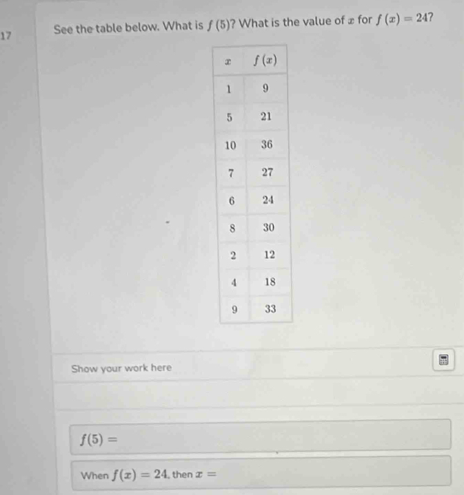 See the table below. What is f(5) ? What is the value of x for f(x)=24
Show your work here
f(5)=
When f(x)=24 , then x=