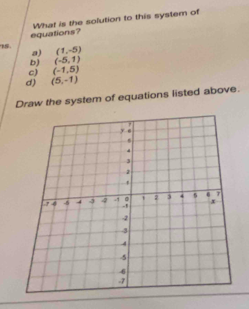 What is the solution to this system of
equations?
IS. (1,-5)
a)
b) (-5,1)
c) (-1,5)
d) (5,-1)
Draw the system of equations listed above.