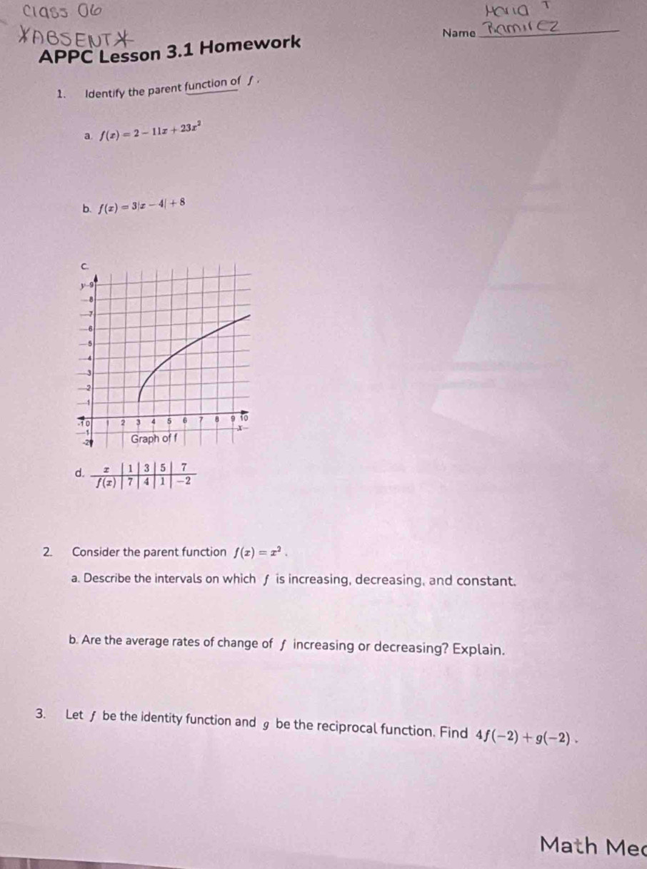 APPC Lesson 3.1 Homework 
Name 
_ 
1. Identify the parent function off 
a. f(x)=2-11x+23x^2
b. f(x)=3|x-4|+8
3 5 7
d. . 4 1 -2
f(x)
2. Consider the parent function f(x)=x^2. 
a. Describe the intervals on which f is increasing, decreasing, and constant. 
b. Are the average rates of change of f increasing or decreasing? Explain. 
3. Letƒ be the identity function andg be the reciprocal function. Find 4f(-2)+g(-2). 
Math Mec