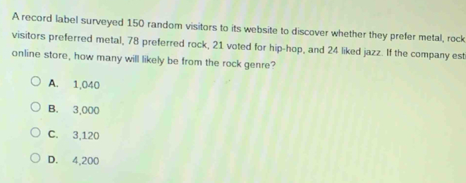 A record label surveyed 150 random visitors to its website to discover whether they prefer metal, rock
visitors preferred metal, 78 preferred rock, 21 voted for hip-hop, and 24 liked jazz. If the company est
online store, how many will likely be from the rock genre?
A. 1,040
B. 3,000
C. 3,120
D. 4,200