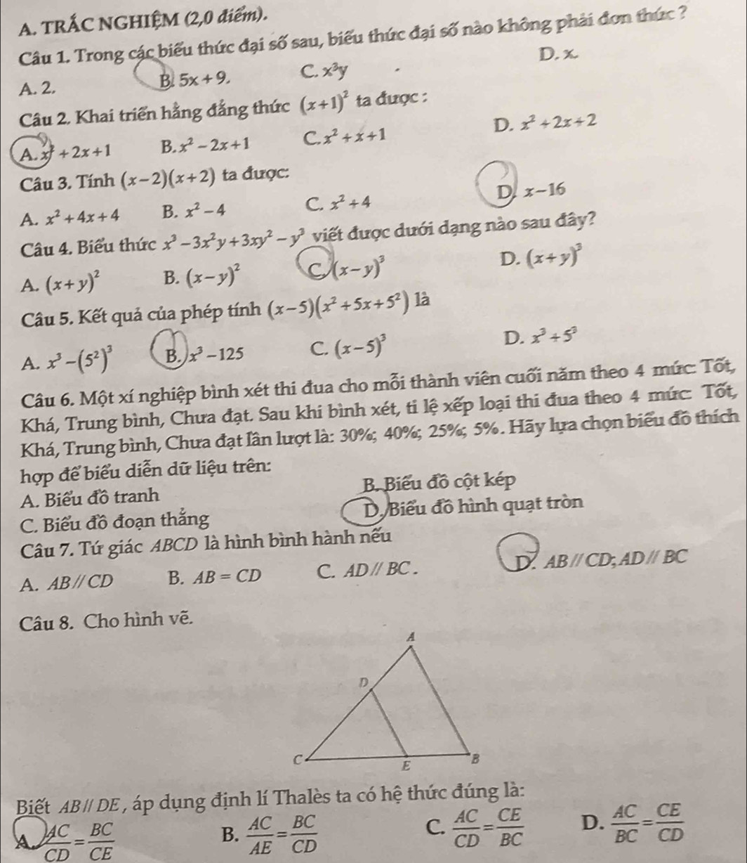 TRÁC NGHIỆM (2,0 điểm).
Câu 1. Trong các biểu thức đại số sau, biểu thức đại số nào không phải đơn thức ?
D. x.
A. 2.
B. 5x+9. C. x^3y
Câu 2, Khai triển hằng đẳng thức (x+1)^2 ta được :
A. x^2+2x+1 B. x^2-2x+1 C. x^2+x+1
D. x^2+2x+2
Câu 3. Tính (x-2)(x+2) ta được:
D
A. x^2+4x+4 B. x^2-4 C. x^2+4 x-16
Câu 4. Biểu thức x^3-3x^2y+3xy^2-y^3 viết được dưới dạng nào sau đây?
A. (x+y)^2 B. (x-y)^2 C (x-y)^3
D. (x+y)^3
Câu 5. Kết quả của phép tính (x-5)(x^2+5x+5^2) là
A. x^3-(5^2)^3 B. x^3-125 C. (x-5)^3 D. x^3+5^3
Câu 6. Một xí nghiệp bình xét thi đua cho mỗi thành viên cuối năm theo 4 mức: Tốt,
Khá, Trung bình, Chưa đạt. Sau khi bình xét, ti lệ xếp loại thi đua theo 4 mức: Tốt,
Khá, Trung bình, Chưa đạt lần lượt là: 30%; 40%; 25%; 5%. Hãy lựa chọn biểu đồ thích
hợp để biểu diễn dữ liệu trên:
A. Biểu đồ tranh B. Biểu đồ cột kép
C. Biểu đồ đoạn thắng D. Biểu đồ hình quạt tròn
Câu 7. Tứ giác ABCD là hình bình hành nếu
A. ABparallel CD B. AB=CD C. ADparallel BC. D AB//CD;AD//BC
Câu 8. Cho hình vẽ.
Biết AB//DE , áp dụng định lí Thalès ta có hệ thức đúng là:
a  AC/CD = BC/CE 
B.  AC/AE = BC/CD   AC/CD = CE/BC  D.  AC/BC = CE/CD 
C.