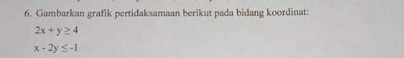 Gambarkan grafik pertidaksamaan berikut pada bidang koordinat:
2x+y≥ 4
x-2y≤ -1