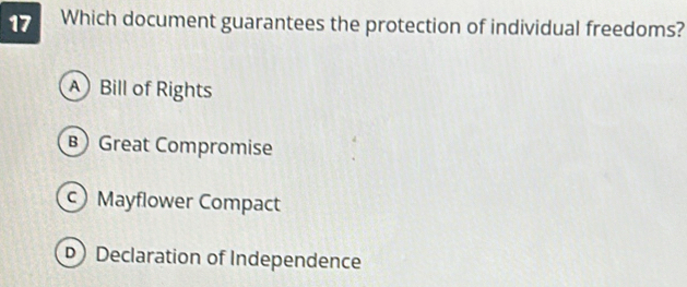 Which document guarantees the protection of individual freedoms?
A Bill of Rights
B Great Compromise
Mayflower Compact
D) Declaration of Independence