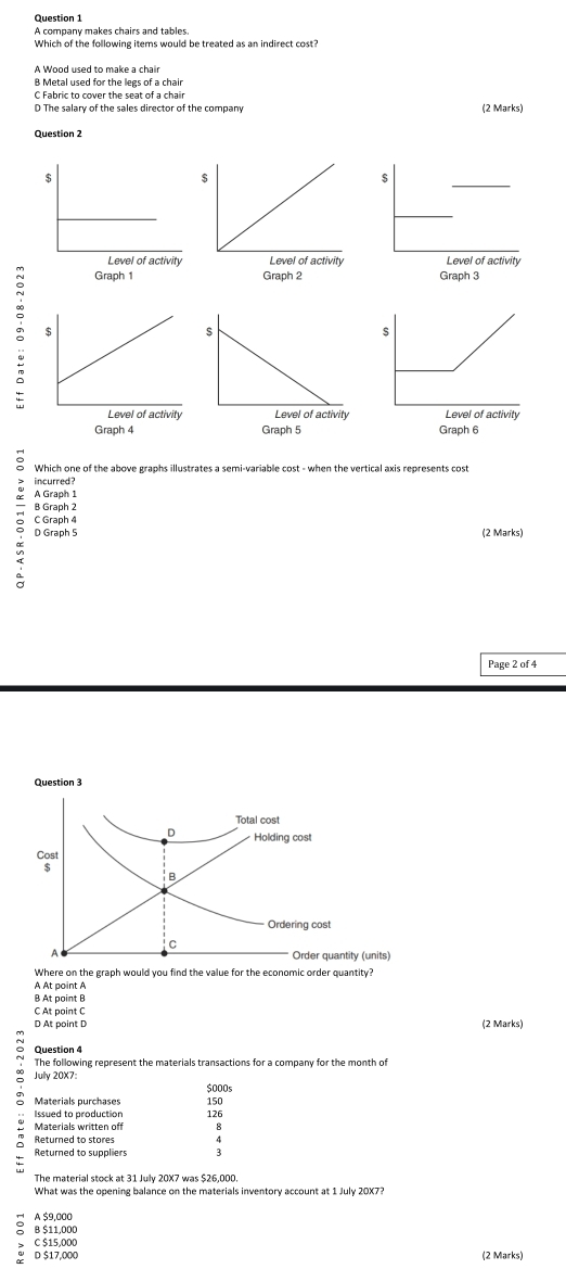 A companx makes chairs and tables
Which of the following items would be treated as an indirect cost?
(2 Marks)
Question 2
Graph 3
5 
Graph 4 Graph 5 Graph 6
。 Which one of the above graphs illustrates a semi-variable cost - when the vertical axis represents cost
incurred?
A Graph 1
B Graph 2
C Graph 4
D Graph 5 (2 Marks)
Page 2 of 4
Where on the graph would you find the value for the economic order quantity?
A At point A
B At point B
C At point C
D At point D (2 Marks)
Question 4
The following represent the materials transactions for a company for the month of
Jully 20X7:
$000s
Materials purchases 150
Issued to production 126
Materials written off
Returned to stores
Returned to suppliers
The material stock at 31 July 20X7 was $26,000.
What was the opening balance on the materials inventory account at 1 July 20X7?
A $9,000
B $11,000
C $15,000
D $17,000 (2 Marks)