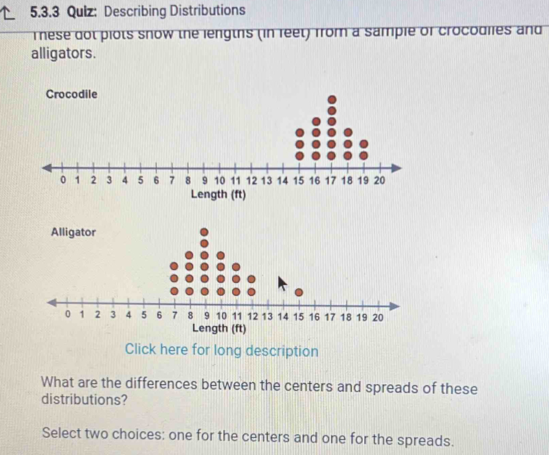 Describing Distributions 
T nese dot plots snow the lengths (in reet) from a sample of crocodiies and 
alligators. 
Crocodile 
Length (ft) 
Length (ft) 
Click here for long description 
What are the differences between the centers and spreads of these 
distributions? 
Select two choices: one for the centers and one for the spreads.