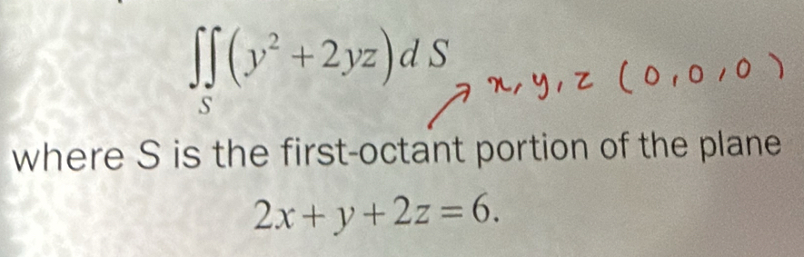 ∈t ∈tlimits _S(y^2+2yz)dS, 
where S is the first-octant portion of the plane
2x+y+2z=6.