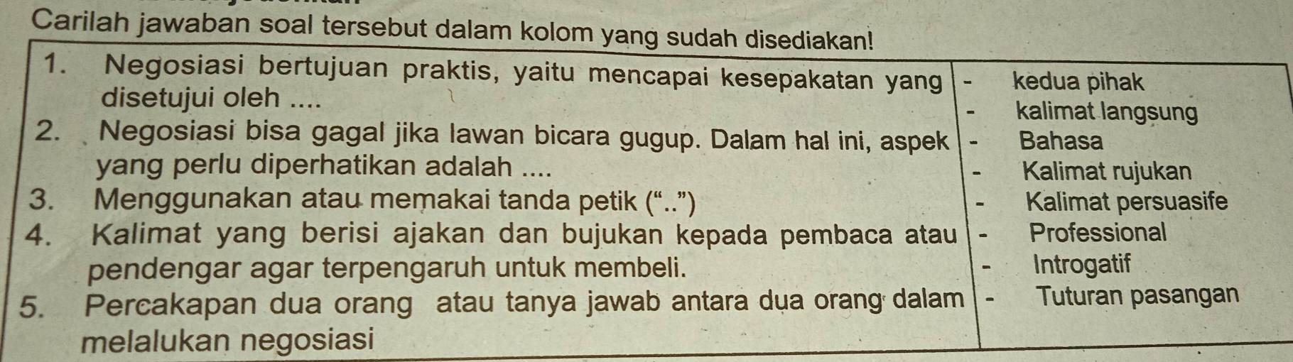 Carilah jawaban soal tersebut dalam kolom yang sudah disediakan! 
1. Negosiasi bertujuan praktis, yaitu mencapai kesepakatan yang kedua pihak 
disetujui oleh .... kalimat langsung 
2. Negosiasi bisa gagal jika lawan bicara gugup. Dalam hal ini, aspek Bahasa 
yang perlu diperhatikan adalah .... Kalimat rujukan 
3. Menggunakan atau memakai tanda petik (“..”) Kalimat persuasife 
4. Kalimat yang berisi ajakan dan bujukan kepada pembaca atau Professional 
pendengar agar terpengaruh untuk membeli. Introgatif 
5. Percakapan dua orang atau tanya jawab antara dua orang dalam Tuturan pasangan 
melalukan negosiasi