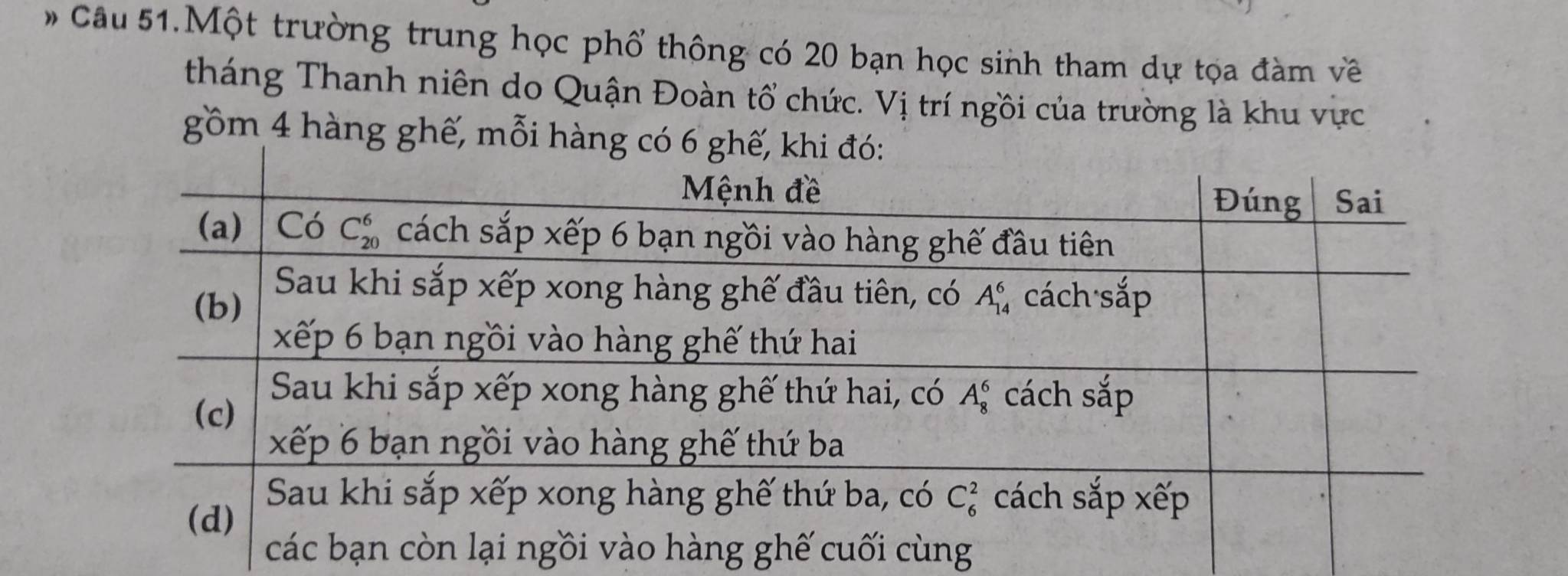 # Câu 51.Một trường trung học phổ thông có 20 bạn học sinh tham dự tọa đàm về
tháng Thanh niên do Quận Đoàn tổ chức. Vị trí ngồi của trường là khu vực
gồm 4 hàng ghế, mỗi hàng c