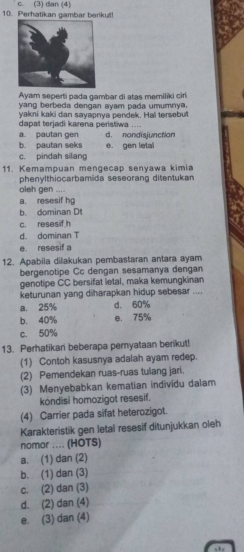 c. (3) dan (4)
10. Perhatikan gambar berikut!
Ayam seperti pada gambar di atas memiliki ciri
yang berbeda dengan ayam pada umumnya,
yakni kaki dan sayapnya pendek. Hal tersebut
dapat terjadi karena peristiwa ....
a. pautan gen d. nondisjunction
b. pautan seks e. gen letal
c. pindah silang
11. Kemampuan mengecap senyawa kimia
phenylthiocarbamida seseorang ditentukan
oleh gen ....
a. resesif hg
b. dominan Dt
c. resesif h
d. dominan T
e. resesif a
12. Apabila dilakukan pembastaran antara ayam
bergenotipe Cc dengan sesamanya dengan
genotipe CC bersifat letal, maka kemungkinan
keturunan yang diharapkan hidup sebesar ....
a. 25% d. 60%
b. 40% e. 75%
c. 50%
13. Perhatikan beberapa pernyataan berikut!
(1) Contoh kasusnya adalah ayam redep.
(2) Pemendekan ruas-ruas tulang jari.
(3) Menyebabkan kematian individu dalam
kondisi homozigot resesif.
(4) Carrier pada sifat heterozigot.
Karakteristik gen letal resesif ditunjukkan oleh
nomor .... (HOTS)
a. (1) dan (2)
b. (1) dan (3)
c. (2) dan (3)
d. (2) dan (4)
e. (3) dan (4)