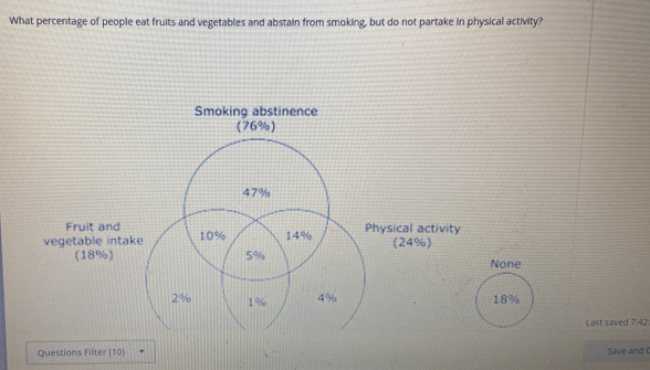 What percentage of people eat fruits and vegetables and abstain from smoking, but do not partake in physical activity?
None
18%
Last saved 7:42 :
Questions Filter (10) Save and C