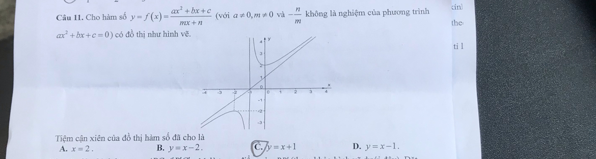 Cho hàm số y=f(x)= (ax^2+bx+c)/mx+n  (với a!= 0, m!= 0 và - n/m  không là nghiệm của phương trình cín
the
ax^2+bx+c=0) có đồ thị như hình vẽ.
tỉ l
Tiệm cận xiên của đồ thị hàm số đã cho là
A. x=2. B. y=x-2. C. y=x+1 D. y=x-1.