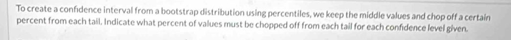 To create a confdence interval from a bootstrap distribution using percentiles, we keep the middle values and chop off a certain 
percent from each tail. Indicate what percent of values must be chopped off from each tail for each confıdence level given.