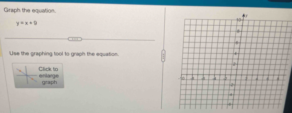 Graph the equation.
y=x+9
Use the graphing tool to graph the equation. 
Click to 
enlarge 
graph