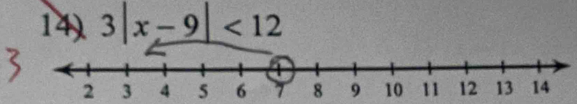 14). 3|x-9|<12</tex>