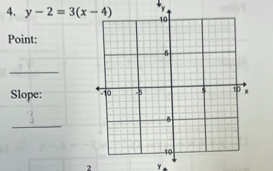 y-2=3(x-4)
y
Point: 
_ 
Slope: 
_
2
y