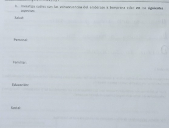 Investiga cuáles son las consecuencias del embarazo a temprana edad en los siguientes 
aspectos: 
Salud: 
Personal: 
Familiar: 
Educación: 
Social