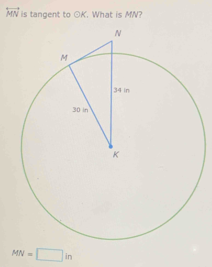 overleftrightarrow MN is tangent to odot K. What is MN?
MN=□ in