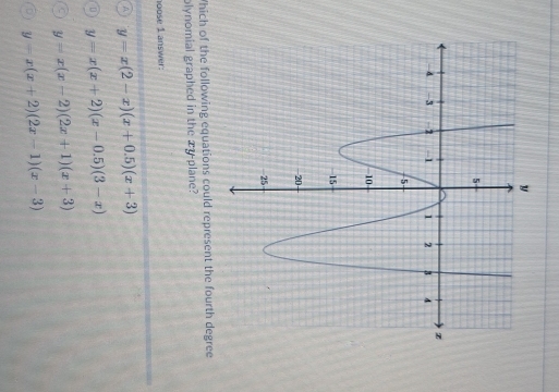 hich of the following equations could represent the fourth degree
plynomial graphed in the _ y -plane?
hoose 1 answer:
A y=x(2-x)(x+0.5)(x+3)
y=x(x+2)(x-0.5)(3-x)
y=x(x-2)(2x+1)(x+3)
y=x(x+2)(2x-1)(x-3)