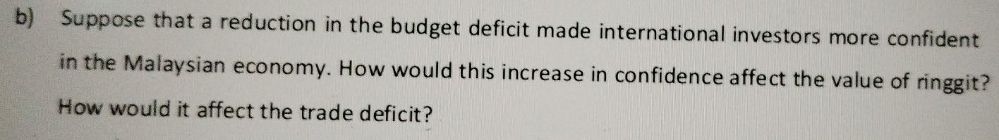 Suppose that a reduction in the budget deficit made international investors more confident 
in the Malaysian economy. How would this increase in confidence affect the value of ringgit? 
How would it affect the trade deficit?