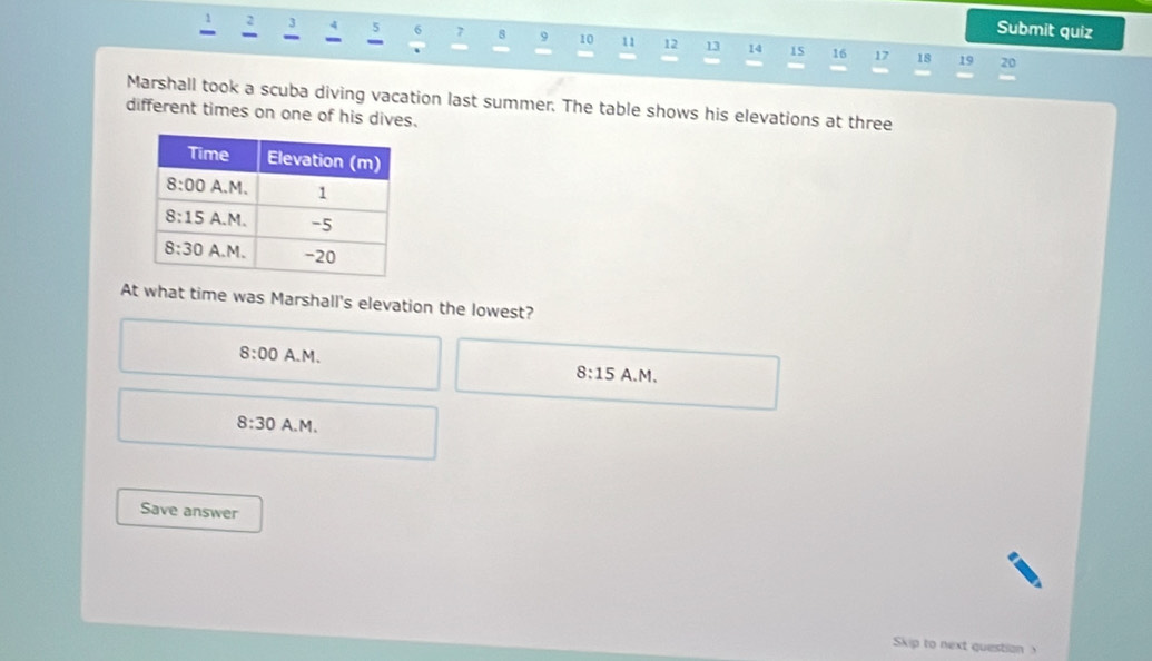 Submit quiz
: ` 5 6 7 8 9 10 11 12 13 14 15 16 12 18 19 20
-
Marshall took a scuba diving vacation last summer. The table shows his elevations at three
different times on one of his dives.
At what time was Marshall's elevation the lowest?
8:00 A.M. 8:15 A.M.
8:30 A.M.
Save answer
Skip to next question