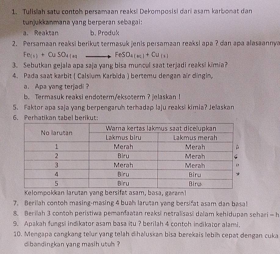 Tulislah satu contoh persamaan reaksi Dekomposisi dari asam karbonat dan 
tunjukkanmana yang berperan sebagai: 
a. Reaktan b. Produk 
2. Persamaan reaksi berikut termasuk jenis persamaan reaksi apa ? dan apa alasaannya
Fe_(s)+CuSO_4(aqto FeSO_4(aq)+Cu_(s)
3. Sebutkan gejala apa saja yang bisa muncul saat terjadi reaksi kimia? 
4. Pada saat karbit ( Calsium Karbida ) bertemu dengan air dingin, 
a. Apa yang terjadi ? 
b. Termasuk reaksi endoterm/eksoterm ? jelaskan ! 
5. Faktor apa saja yang berpengaruh terhadap laju reaksi kimia? Jelaskan 
6. Perhatikan tabel berikut: 
Kelompokkan larutan yang bersifat asam, basa, garar! 
7. Berilah contoh masing-masing 4 buah larutan yang bersifat asam dan basa! 
8. Berilah 3 contoh peristiwa pemanfaatan reaksi netralisasi dalam kehidupan sehari - h 
9. Apakah fungsi indikator asam basa itu ? berilah 4 contoh indikator alami. 
10. Mengapa cangkang telur yang telah dihaluskan bisa berekais lebih cepat dengan cuka 
dibandingkan yang masih utuh ?