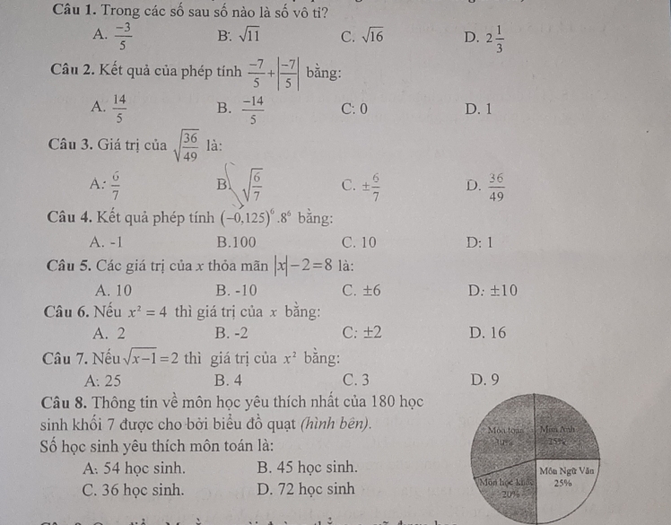 Trong các số sau số nào là số vô tỉ?
A.  (-3)/5  B. sqrt(11) C. sqrt(16) D. 2 1/3 
Câu 2. Kết quả của phép tính  (-7)/5 +| (-7)/5 | bằng:
A.  14/5  B.  (-14)/5  C: 0 D. 1
Câu 3. Giá trị của sqrt(frac 36)49 là:
^□ 
A:  6/7  sqrt(frac 6)7 C. ±  6/7  D.  36/49 
B
Câu 4. Kết quả phép tính (-0,125)^6.8^6 bằng:
A. -1 B. 100 C. 10 D: 1
Câu 5. Các giá trị của x thỏa mãn |x|-2=8 là:
A. 10 B. -10 C. ± 6 D: ±10
Câu 6. Nếu x^2=4 thì giá trị của x bằng:
A. 2 B. -2 C: ±2 D. 16
Câu 7. Nếu sqrt(x-1)=2 thì giá trị của x^2 bằng:
A: 25 B. 4 C. 3 D. 9
Câu 8. Thông tin về môn học yêu thích nhất của 180 học
sinh khối 7 được cho bởi biểu đồ quạt (hình bên). 
Số học sinh yêu thích môn toán là:
A: 54 học sinh. B. 45 học sinh.
C. 36 học sinh. D. 72 học sinh