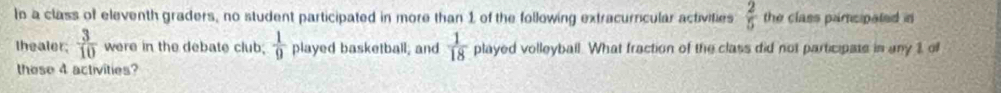 In a class of eleventh graders, no student participated in more than 1 of the following extracurricular activities  2/5  the class parcipated in 
thealer;  3/10  were in the debate club;  1/9  played basketball; and  1/18  played volleyball. What fraction of the class did not participate in any 1 of 
these 4 activities?