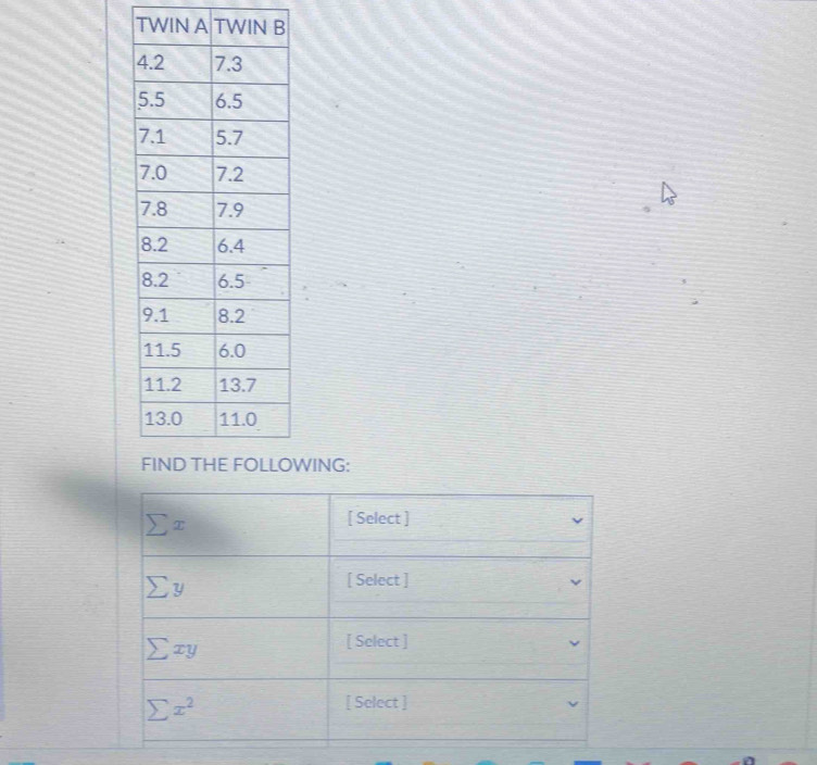 TWIN A TWIN B 
WING:
sumlimits x
[ Select ]
sumlimits y
[ Select ]
sumlimits xy
[ Select ]
sumlimits x^2
[ Select ]