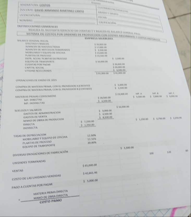 gereral pra
              
Ucción con costeo absorrente y costos históriços
E MP r E sA M  l  A
Balânçe Genéral inícial
Vectivo y bánço
al macen de matema ti ” “.…” …       
l macen de artículós terminados
o mlaro y equipo de ofícina 8 1 4 000 01 …  …
d e  p roceso … …””” …
A  PLANTAS EN PRoc E SO ” ,,“o.“o
A n   '  1 1
As por pagar 9 10.000.00 % ?8,00o “0
TAl socía            
8 3.00.00
” “…””? … …………
Operaciónes de enero de 2025
compra de matería prima, con el proveedor a (credito) 5 %.000 00
compra de Matería prima, con el proveedor B (contado) 5 2,500 00
MateRías primas consumidas $ 23,000.00 PPA 5 7,000 09 5 6,000 00
MP. DIRECTAS 5 5.500.00
MP. INDHECTAS
beginarrayr 618,50000 _ 54,50000 hline endarray
SUELDOS Y SALARIOS 5 16,000.00
GaStos de AdMinistración
Gastós de Venta beginarrayr 53,000.00 54,34,50 hline endarray  58,300.00 hline endarray
MANo de Obra de produción
DIRECTA $ 1,250.00 $ 3,750.00 $ 2,250.00
INDIRECTA
beginarrayr 57,250.00 11,250.00 hline endarray
TASAS DE DEPRECIACION
MOBILIARIO Y EQUIPO DE OFICINA 12.50%
Plantas de proceso 12.50%
EQUIPO DE TRANSPORTE 20.00%
diversas erogaciones de fabricación 5 1,500.00
120 0
UñIdADES TERMINADAS 100
$ 65,000.00
VENTAS
COSTO DE LAS UNIDADES VENDIDAS $ 42,661.46
PAGO A CUENTAS POR PAGAR $ 5,000.00
MATERÍA PRIMA DIRECTA
+ MANO DE ObRA DIRECTá
COSTO PRIMO